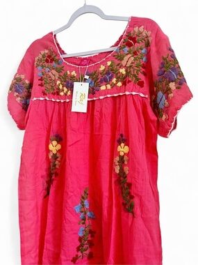 100% Cotton Embroidered Raj for Johnny Was Pink Tunic Top or Mini Dress